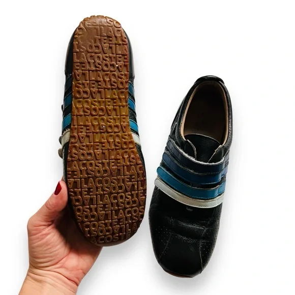 LACOSTE Mystere Punched Striped Velcro Leather Sneaker Black Blue Sz 5.5 US/ 36 - Picture 10 of 13